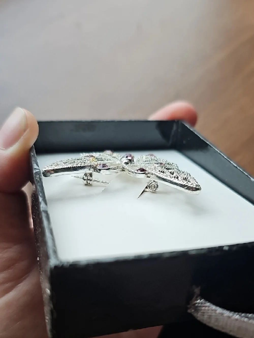 NIB Vintage Silver Butterfly Brooch with Purple Gem Accents